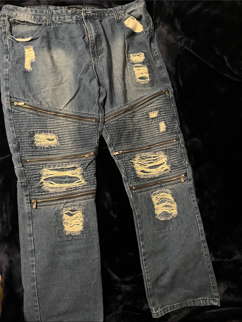 Slim Straight Distressed Moto Jeans in Dark Blue